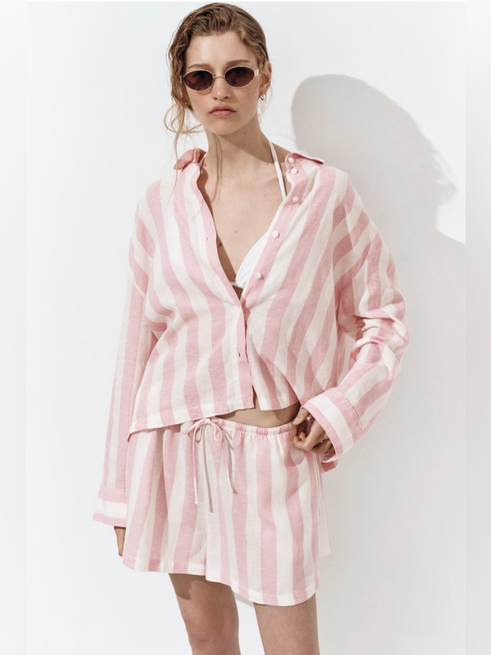Premium Selection Linen Blend Drawstring Pink & White Striped Shorts H&M Size S